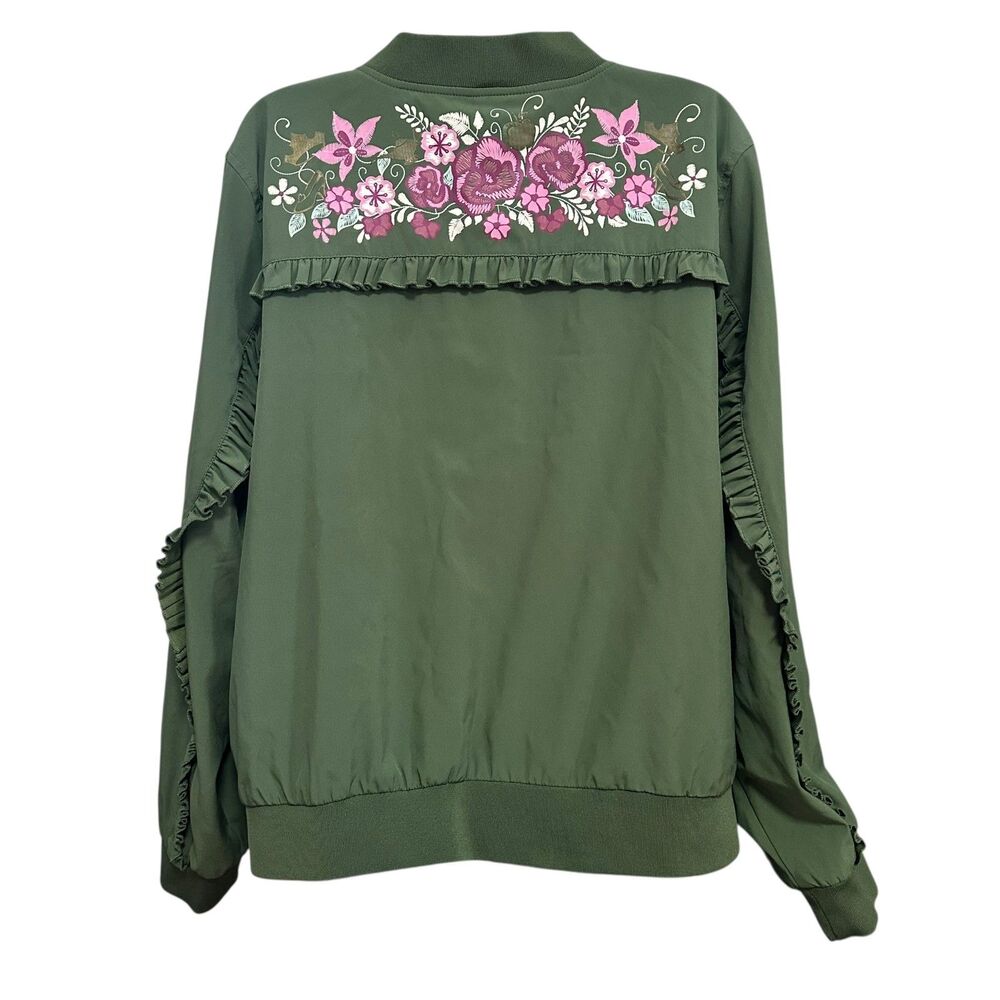 Disney Green Pink Floral Embroidered Ruffle Bomber Jacket Torrid Size 2 (XXL) - Picture 6 of 10